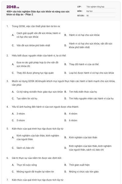400+ câu trắc nghiệm Giáo dục sức khỏe và nâng cao sức khỏe có đáp án - Phần 2