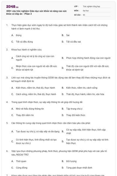 400+ câu trắc nghiệm Giáo dục sức khỏe và nâng cao sức khỏe có đáp án - Phần 3