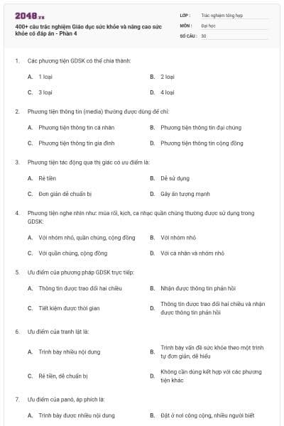 400+ câu trắc nghiệm Giáo dục sức khỏe và nâng cao sức khỏe có đáp án - Phần 4