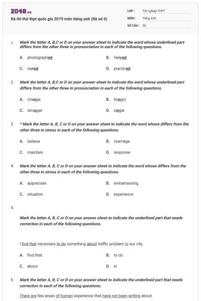 Đề thi thử thpt quốc gia 2019 môn tiếng anh (Đề số 6)