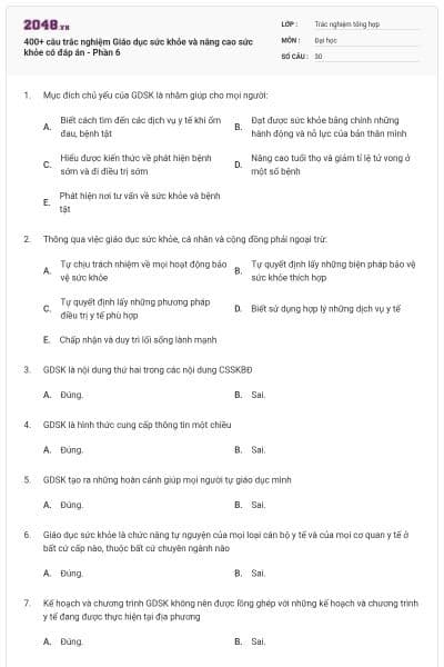 400+ câu trắc nghiệm Giáo dục sức khỏe và nâng cao sức khỏe có đáp án - Phần 6