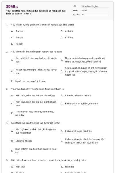 400+ câu trắc nghiệm Giáo dục sức khỏe và nâng cao sức khỏe có đáp án - Phần 7