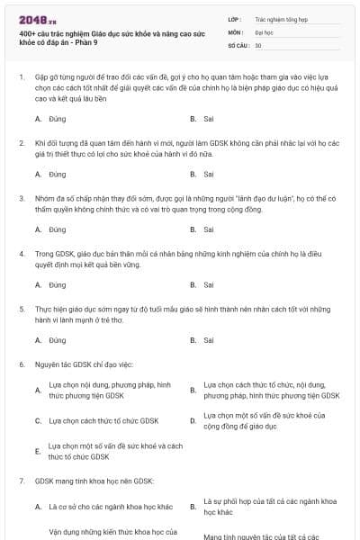 400+ câu trắc nghiệm Giáo dục sức khỏe và nâng cao sức khỏe có đáp án - Phần 9