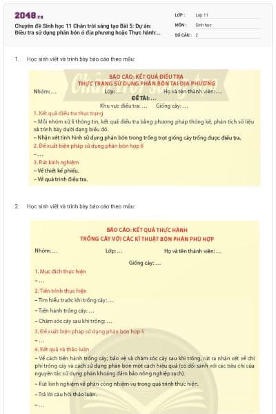 Chuyên đề Sinh học 11 Chân trời sáng tạo Bài 5: Dự án: Điều tra sử dụng phân bón ở địa phương hoặc Thực hành: Trồng cây với các kĩ thuật bón phân phù hợp có đáp án