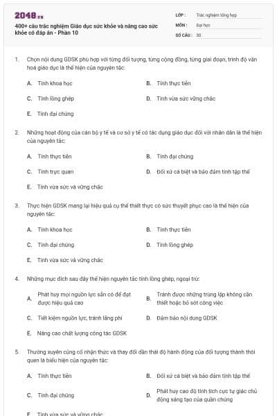 400+ câu trắc nghiệm Giáo dục sức khỏe và nâng cao sức khỏe có đáp án - Phần 10