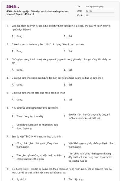 400+ câu trắc nghiệm Giáo dục sức khỏe và nâng cao sức khỏe có đáp án - Phần 12