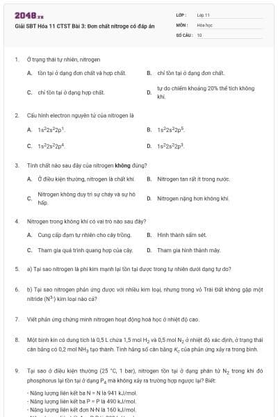 Giải SBT Hóa 11 CTST Bài 3: Đơn chất nitroge có đáp án