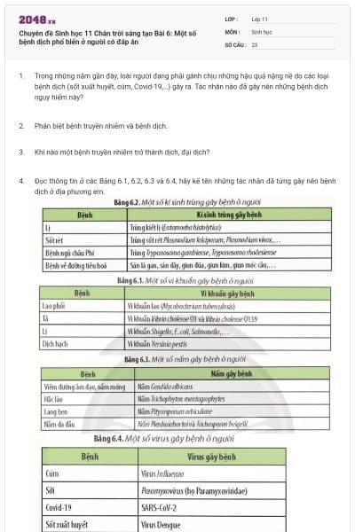 Chuyên đề Sinh học 11 Chân trời sáng tạo Bài 6: Một số bệnh dịch phổ biến ở người có đáp án