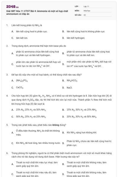Giải SBT Hóa 11 CTST Bài 4: Ammonia và một số hợp chất ammonium có đáp án