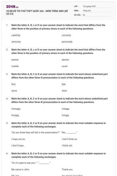 25 BỘ ĐỀ THI THỬ THPT QUỐC GIA - MÔN TIẾNG ANH (ĐỀ SỐ 23)