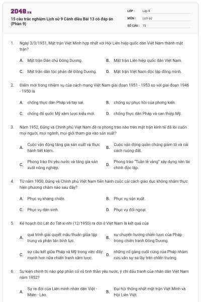 15 câu trắc nghiệm Lịch sử 9 Cánh diều Bài 13 có đáp án (Phần 9)
