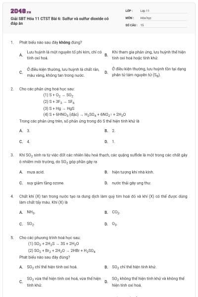 Giải SBT Hóa 11 CTST Bài 6: Sulfur và sulfur dioxide có đáp án
