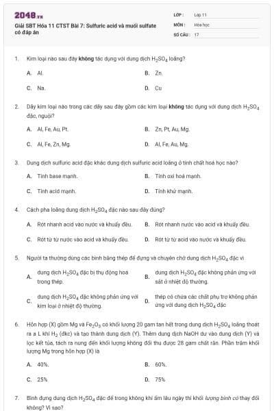 Giải SBT Hóa 11 CTST Bài 7: Sulfuric acid và muối sulfate có đáp án
