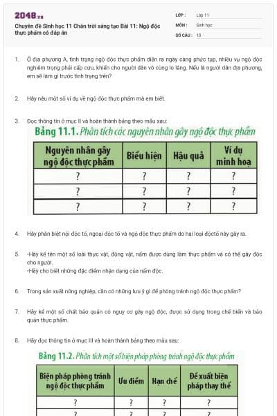 Chuyên đề Sinh học 11 Chân trời sáng tạo Bài 11: Ngộ độc thực phẩm có đáp án