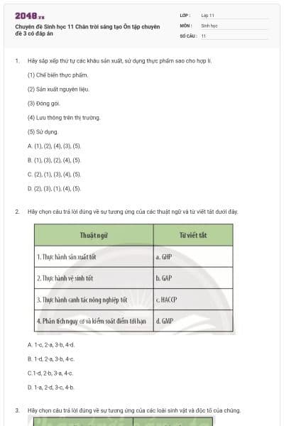 Chuyên đề Sinh học 11 Chân trời sáng tạo Ôn tập chuyên đề 3 có đáp án