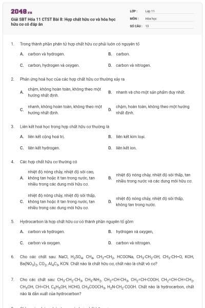 Giải SBT Hóa 11 CTST Bài 8: Hợp chất hữu cơ và hóa học hữu cơ có đáp án