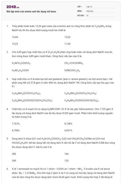 Bài tập este của amino axit tác dụng với bazơ