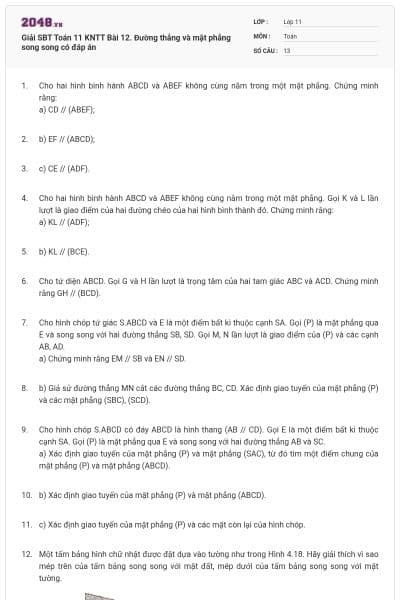Giải SBT Toán 11 KNTT Bài 12. Đường thẳng và mặt phẳng song song có đáp án