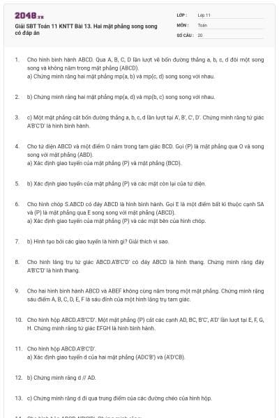 Giải SBT Toán 11 KNTT Bài 13. Hai mặt phẳng song song có đáp án