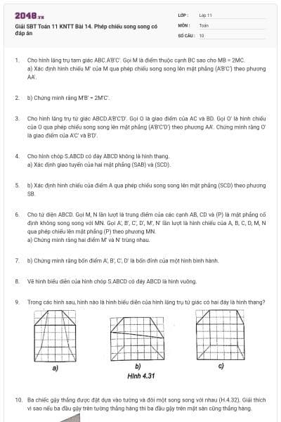 Giải SBT Toán 11 KNTT Bài 14. Phép chiếu song song có đáp án