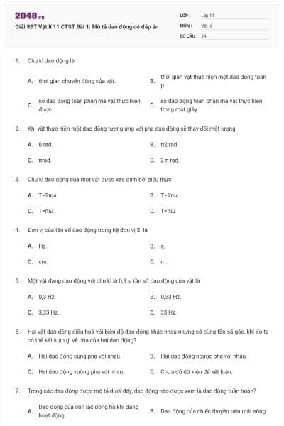 Giải SBT Vật lí 11 CTST Bài 1: Mô tả dao động có đáp án