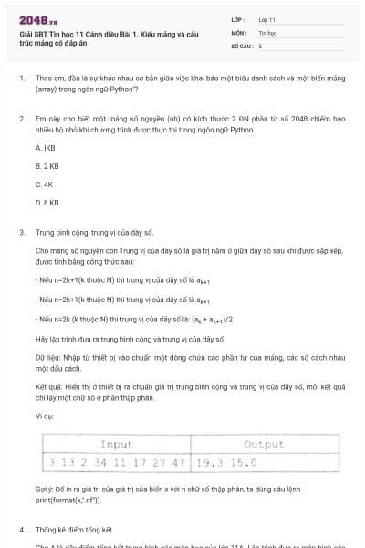 Giải SBT Tin học 11 Cánh diều Bài 1. Kiểu mảng và cấu trúc mảng có đáp án