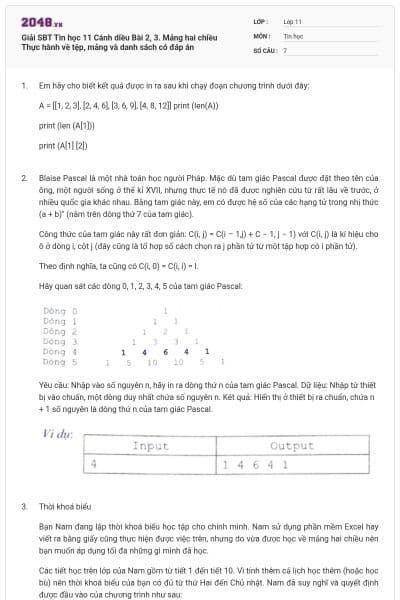 Giải SBT Tin học 11 Cánh diều Bài 2, 3. Mảng hai chiều Thực hành về tệp, mảng và danh sách có đáp án