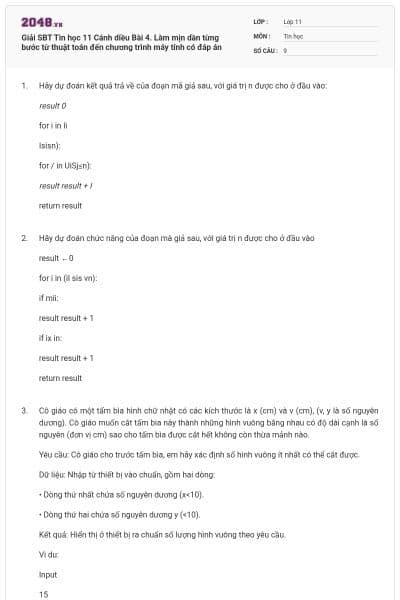 Giải SBT Tin học 11 Cánh diều Bài 4. Làm mịn dần từng bước từ thuật toán đến chương trình máy tính có đáp án