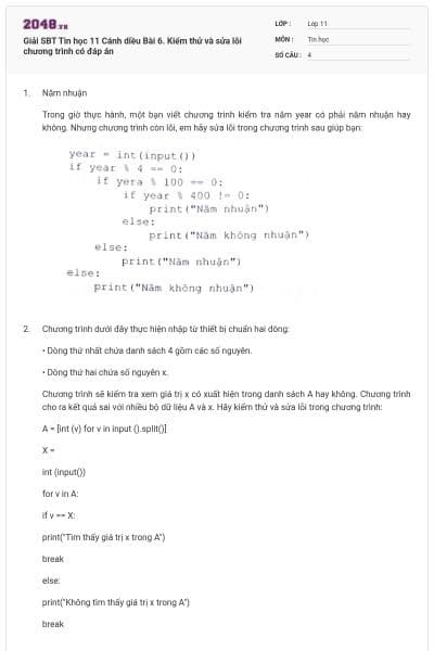 Giải SBT Tin học 11 Cánh diều Bài 6. Kiểm thử và sửa lỗi chương trình có đáp án