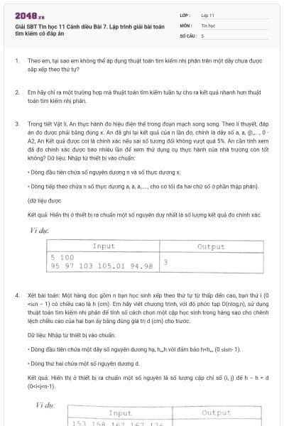 Giải SBT Tin học 11 Cánh diều Bài 7. Lập trình giải bài toán tìm kiếm có đáp án