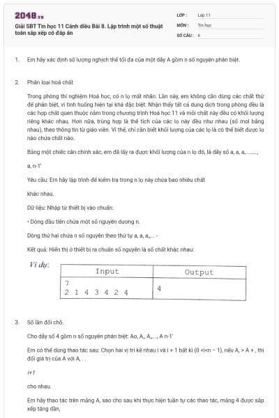 Giải SBT Tin học 11 Cánh diều Bài 8. Lập trình một số thuật toán sắp xếp có đáp án