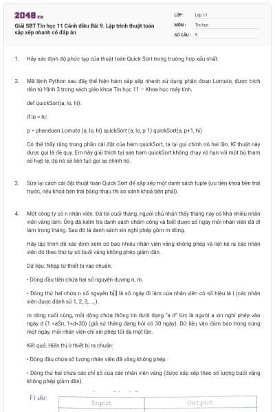 Giải SBT Tin học 11 Cánh diều Bài 9. Lập trình thuật toán sắp xếp nhanh có đáp án