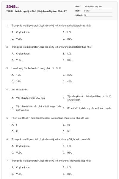 2200+ câu trắc nghiệm Sinh lý bệnh có đáp án - Phần 27