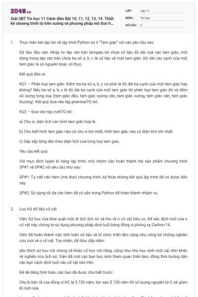 Giải SBT Tin học 11 Cánh diều Bài 10, 11, 12, 13, 14. Thiết kế chương trình từ trên xuống và phương pháp mô đun hoá Thực hành thiết kế và lập trình theo mô đun Thực hành về thư viện các hàm tự định nghĩa có đáp án