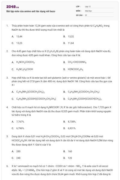 Bài tập este của amino axit tác dụng với bazơ