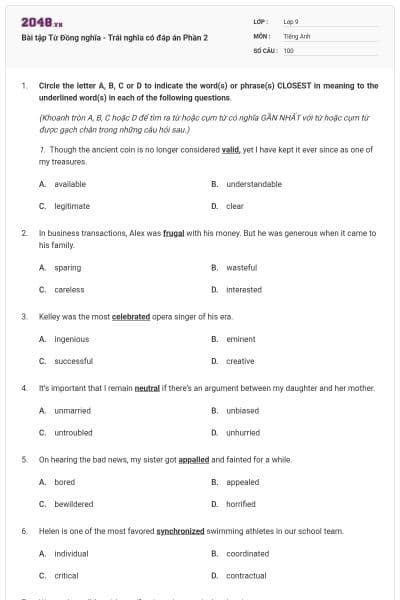 Bài tập Từ Đồng nghĩa - Trái nghĩa có đáp án Phần 2