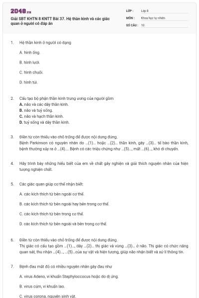 Giải SBT KHTN 8 KNTT Bài 37. Hệ thần kinh và các giác quan ở người có đáp án