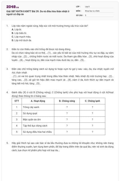 Giải SBT KHTN 8 KNTT Bài 39. Da và điều hòa thân nhiệt ở người có đáp án