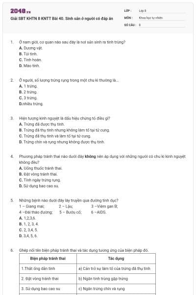Giải SBT KHTN 8 KNTT Bài 40. Sinh sản ở người có đáp án
