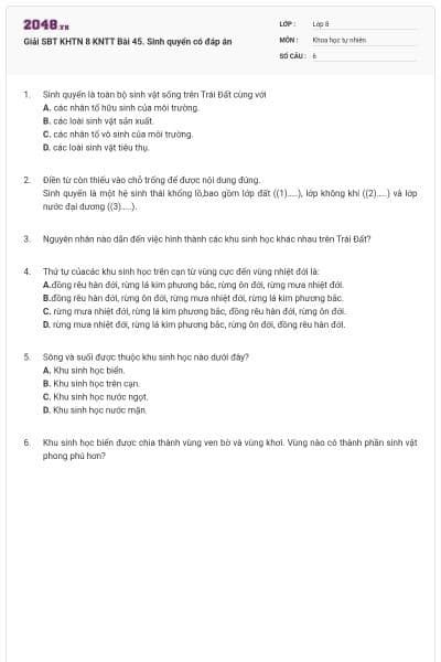 Giải SBT KHTN 8 KNTT Bài 45. Sinh quyển có đáp án