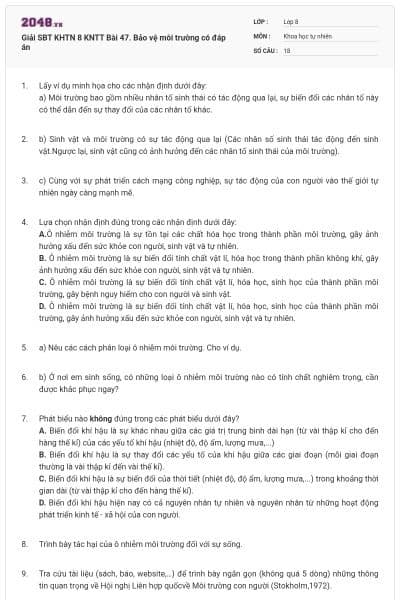 Giải SBT KHTN 8 KNTT Bài 47. Bảo vệ môi trường có đáp án