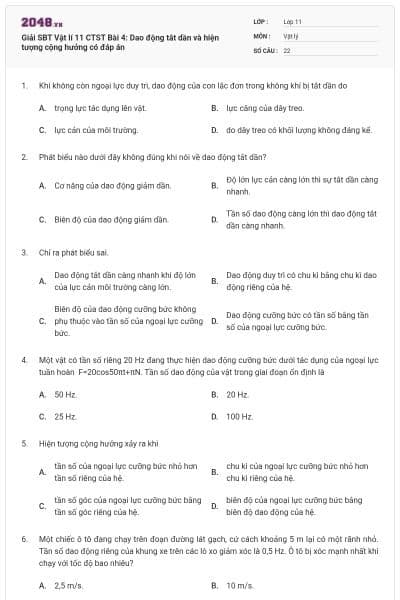 Giải SBT Vật lí 11 CTST Bài 4: Dao động tắt dần và hiện tượng cộng hưởng  có đáp án