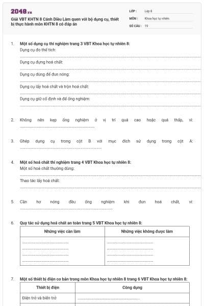 Giải VBT KHTN 8 Cánh Diều Làm quen với bộ dụng cụ, thiết bị thực hành môn KHTN 8 có đáp án