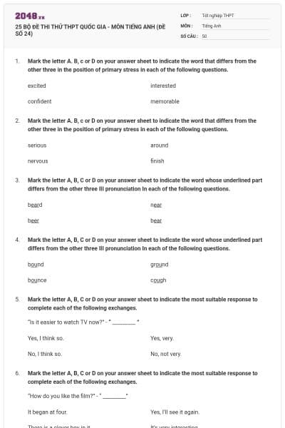 25 BỘ ĐỀ THI THỬ THPT QUỐC GIA - MÔN TIẾNG ANH (ĐỀ SỐ 24)