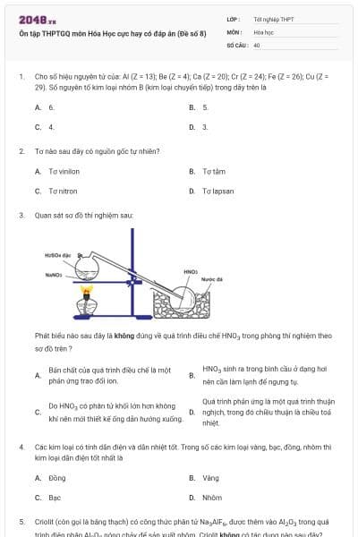 Ôn tập THPTGQ môn Hóa Học cực hay có đáp án (Đề số 8)