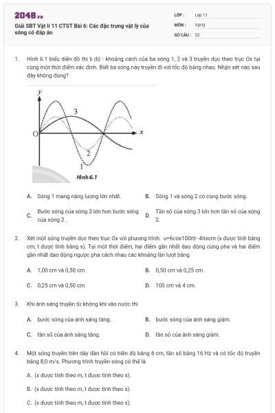 Giải SBT Vật lí 11 CTST Bài 6: Các đặc trưng vật lý của sóng có đáp án