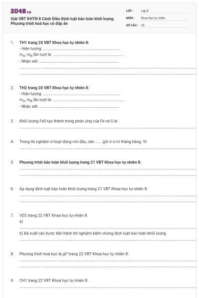 Giải VBT KHTN 8 Cánh Diều Định luật bảo toàn khối lượng. Phương trình hoá học có đáp án