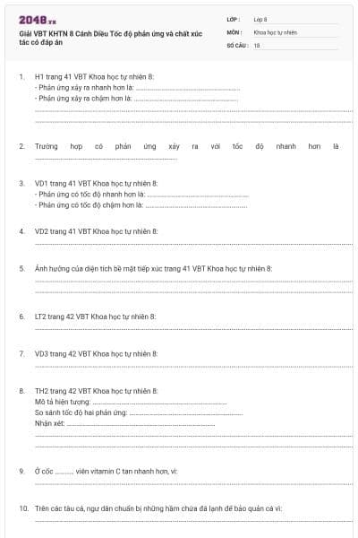 Giải VBT KHTN 8 Cánh Diều Tốc độ phản ứng và chất xúc tác có đáp án