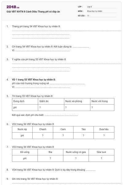 Giải VBT KHTN 8 Cánh Diều Thang pH có đáp án