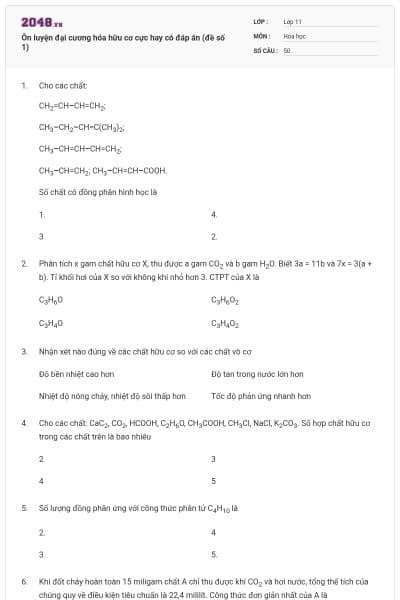 Ôn luyện đại cương hóa hữu cơ cực hay có đáp án (đề số 1)
